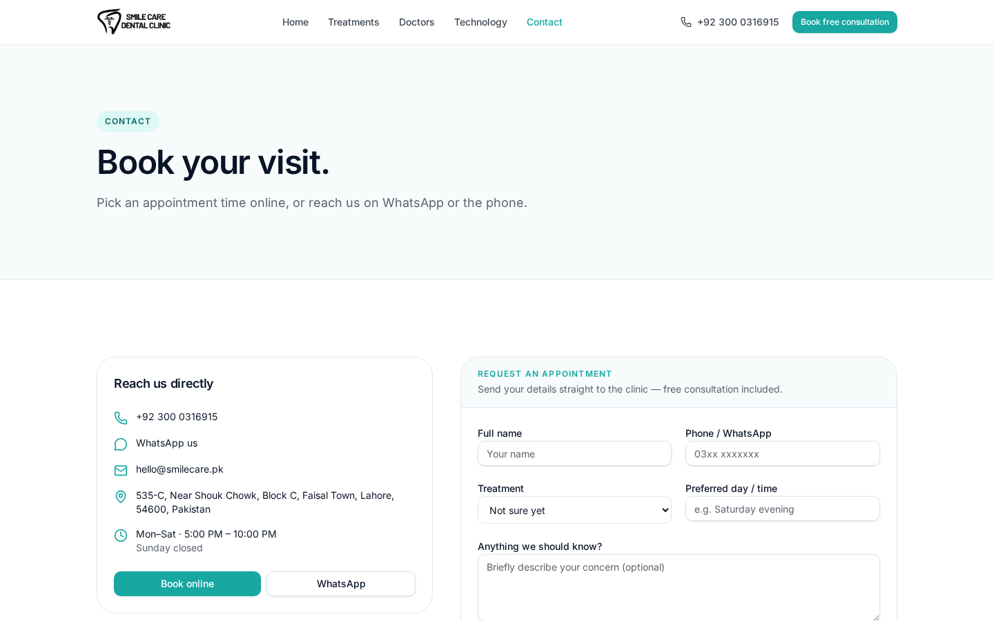 Smile Care Dental Clinic — Booking & contact